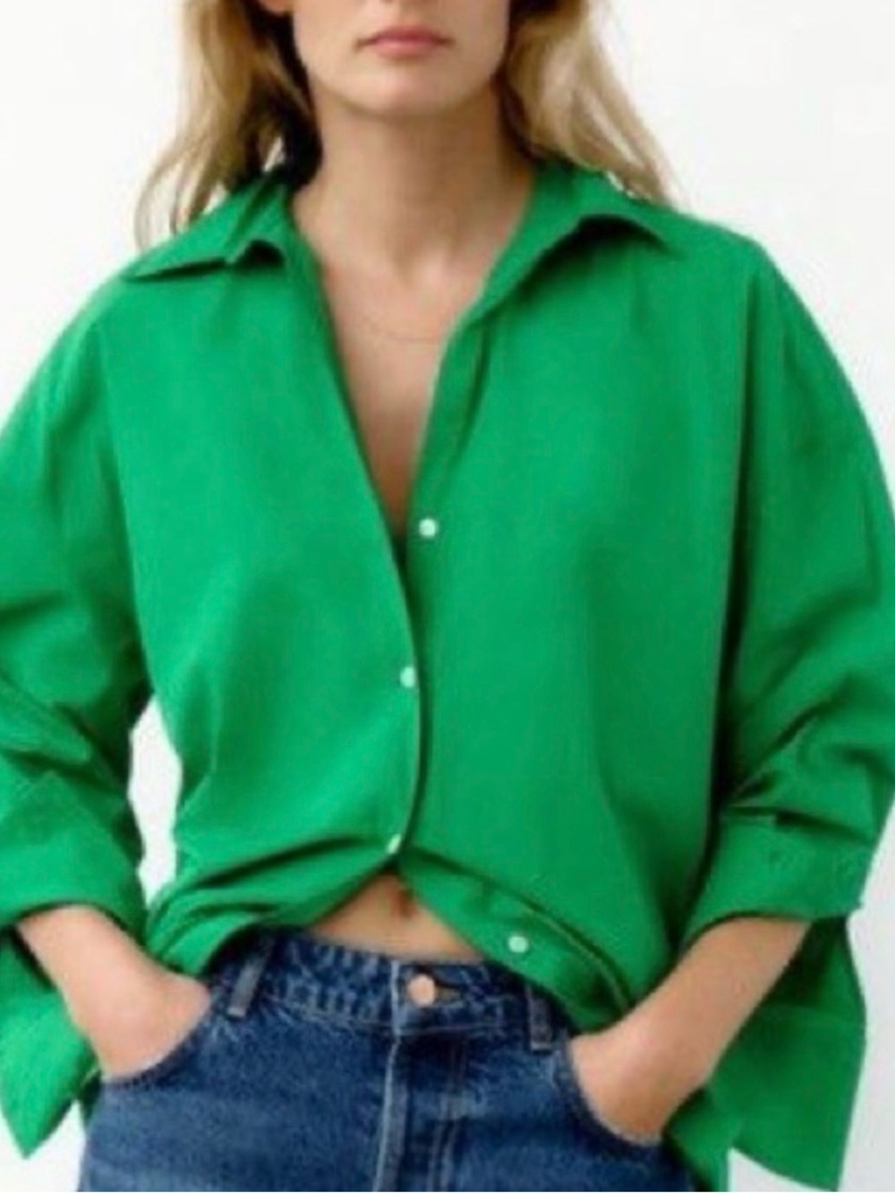 Zara Green Oversized Button Down Shirt 100% Cotton Sz L